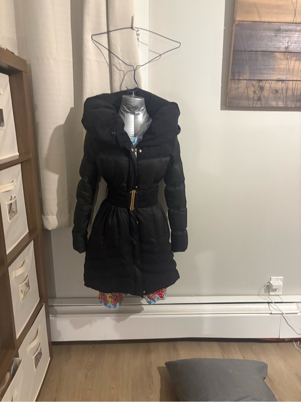 Guess Black Belted Hooded Puffer Coat with 2 front zipped pockets